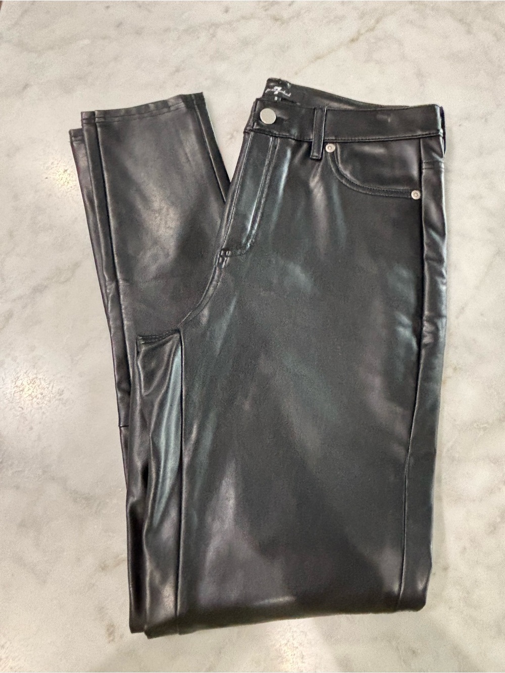 7 For All Mankind Black Faux Leather High-Rise Pants with Snap Front